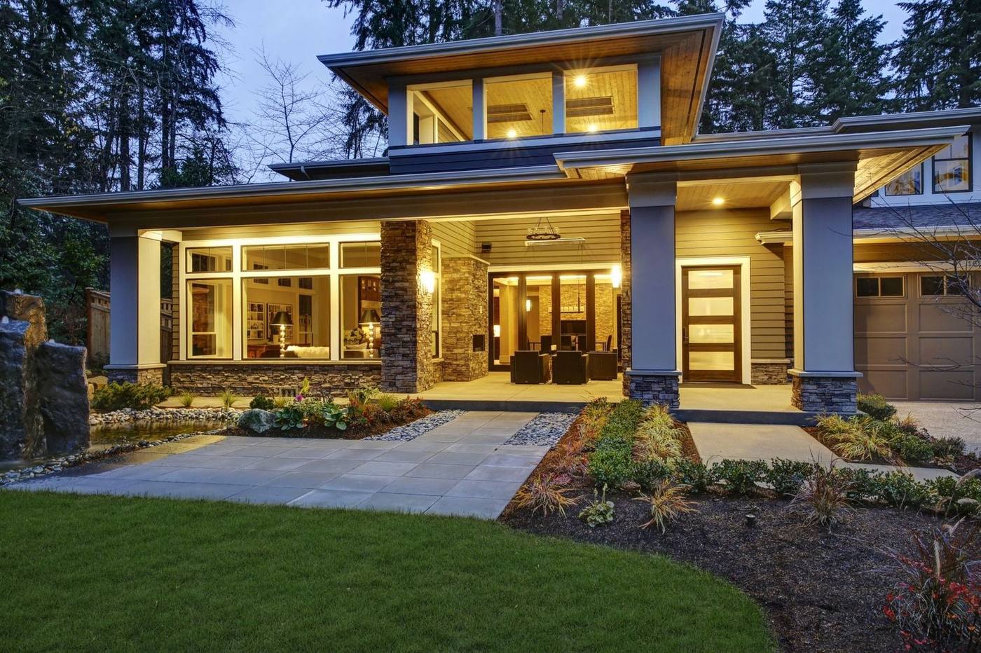 A beautifully lit home at twilight