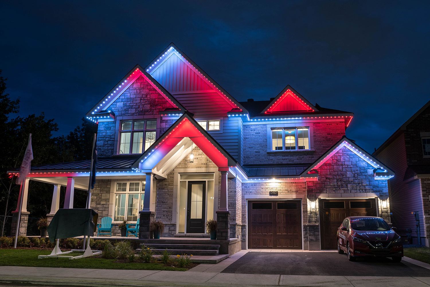 Permanent LED lighting installed on a home exterior