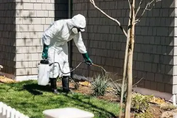 Pest control technician treating a yard in the Lower Mainland